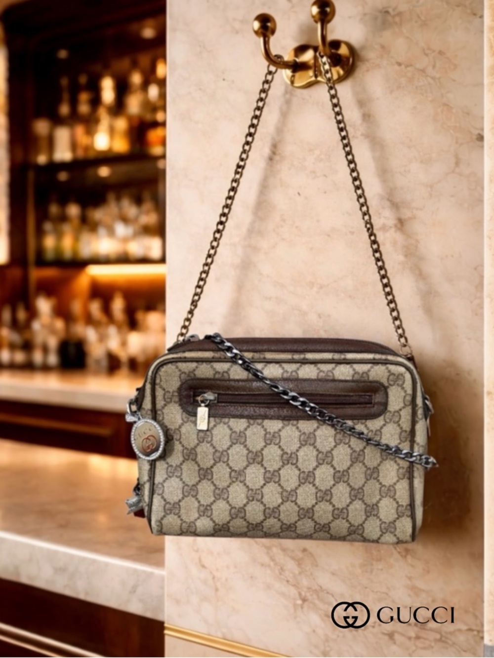Authentic Gucci Beige and Brown GG Supreme Crossbody with Chain Strap & Charm. - Picture 2 of 11